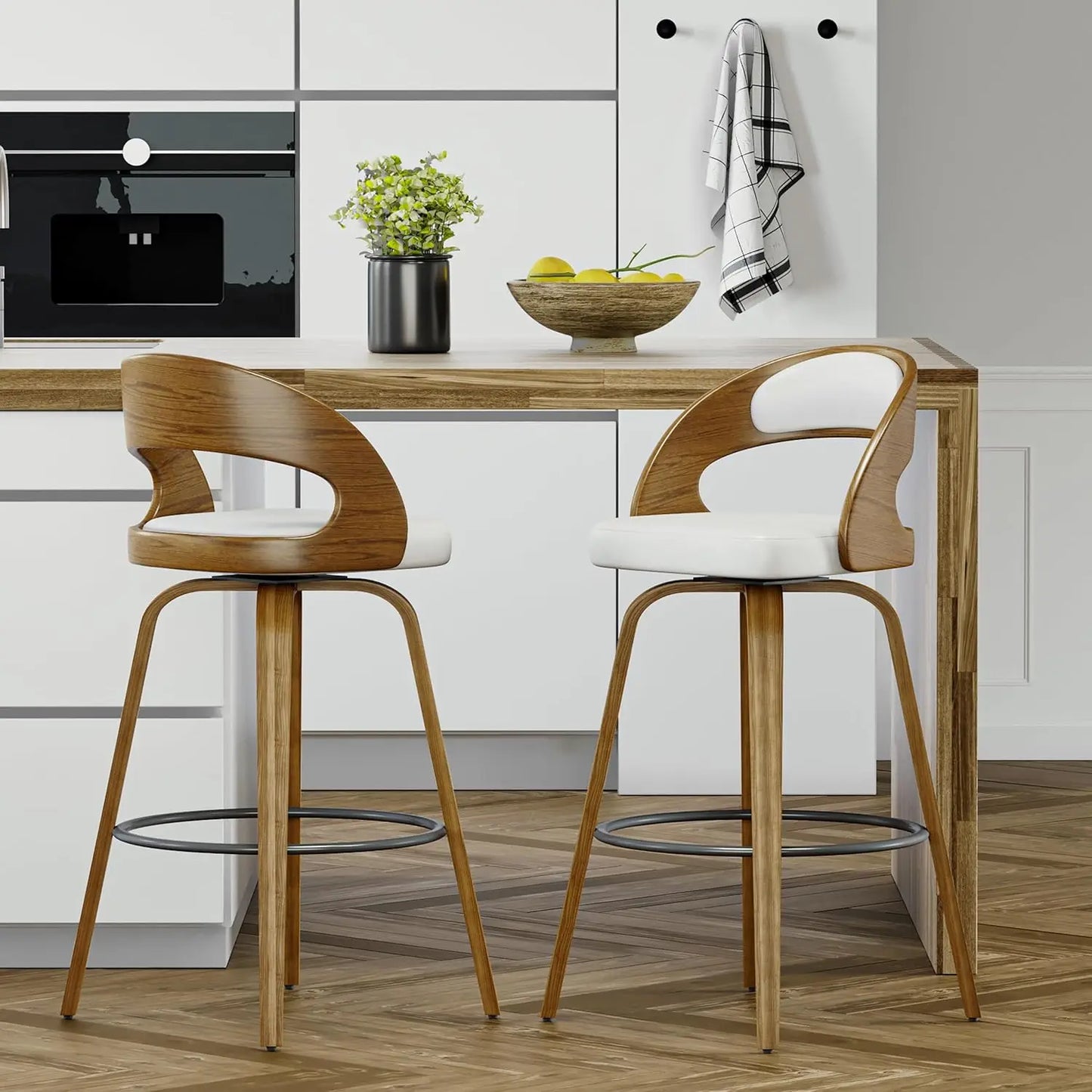 Swivel Counter Height Stools Bar Chairs Faux Leather Bar Stool with Backrest & Solid Wood Legs & Wrap-Around Footrest, Counter