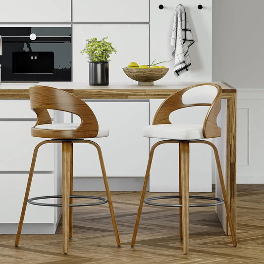 Swivel Counter Height Stools Bar Chairs Faux Leather Bar Stool with Backrest & Solid Wood Legs & Wrap-Around Footrest, Counter