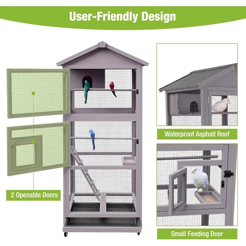 Bird Cage Outdoor Wooden Aviary Indoor, 70" H Large Parrot Cage with 4 Casters, Flight Bird Cages for Parrot Lovebirds Finches(