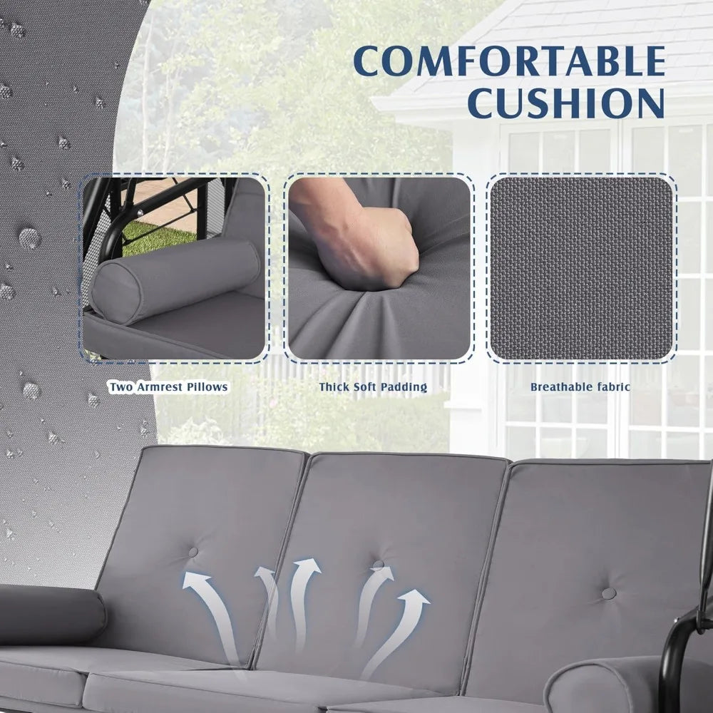 3-Seat Outdoor Porch Swing with Adjustable Canopy, 3 Person Convertible Porch Swing Bed with Stand, Heavy Duty Patio Swing with