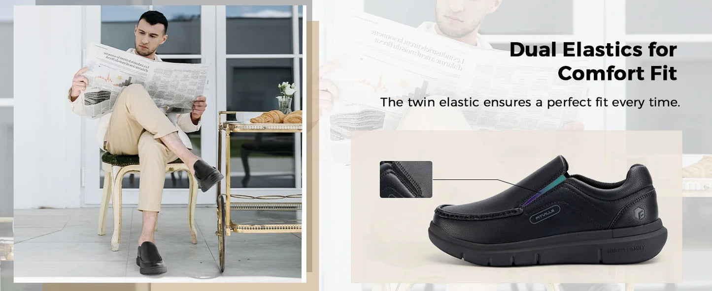 Men'S Slip-On Casual Business Shoes Leather Shoe Wide Width 2E Lightweight For Swollen Feet With Arch Support Pain Relief