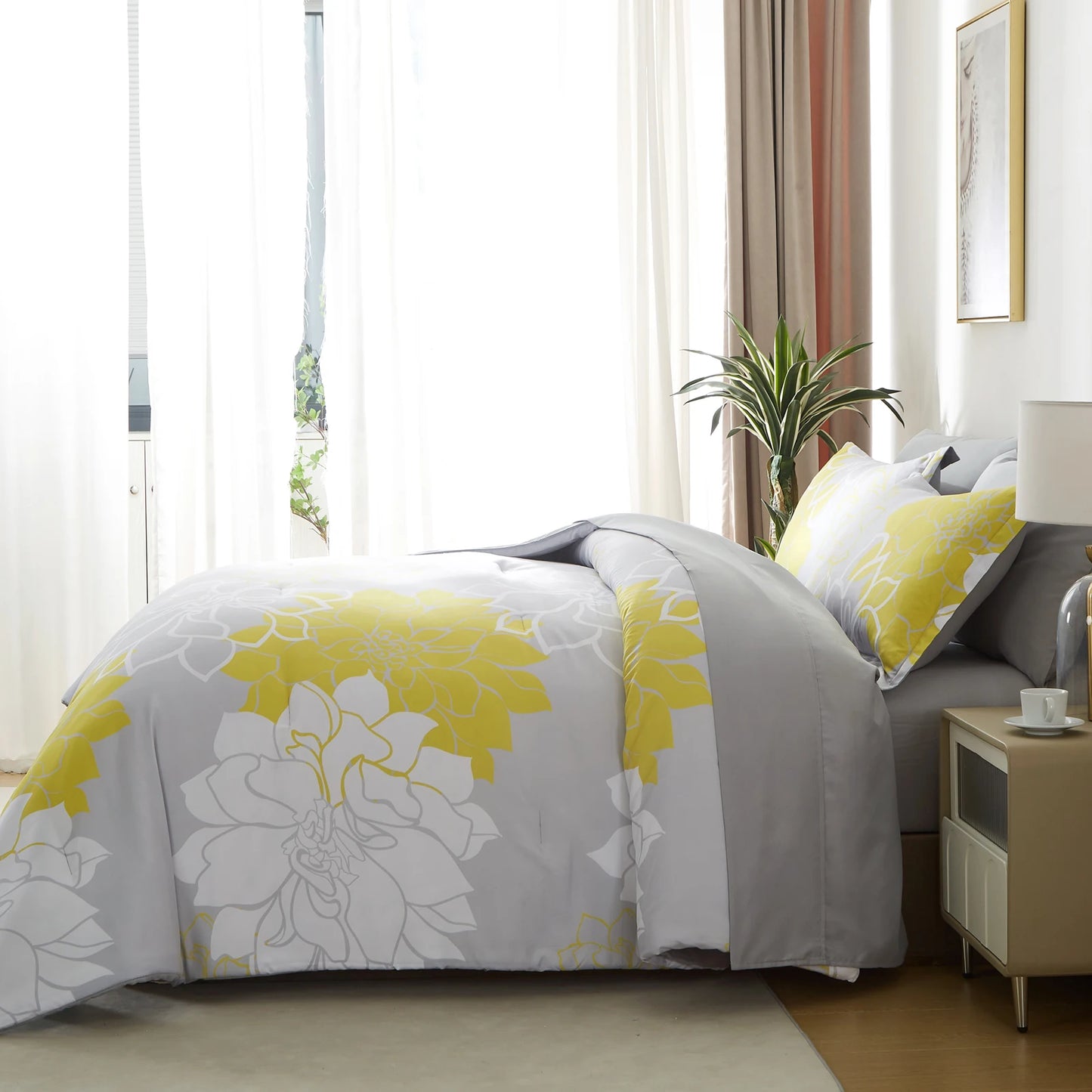 Comforter Set - 7 Pieces Floral Bedding Sets with Reversible Botanical Flowers Comforter, Sheets, Pillowcases & Shams