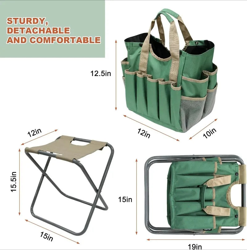 Folding Gardening Stool with Detachable Storage Tote Bag, Gardening Tools Set Organizer for Fishing Outdoor Sports Hiking