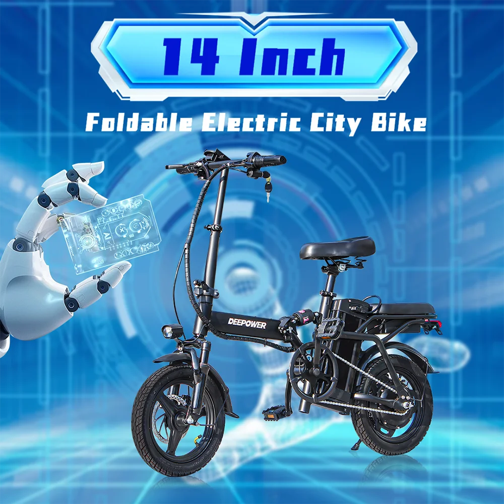 Deepower 14 Inch Foldable Electric Bicycle 400W Motor 48V 15AH Adult Mini Electric Bike Suitable for City Commuting Travel EBike