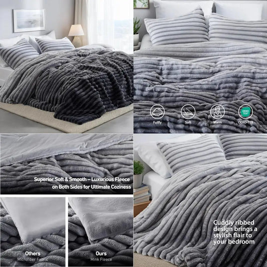 King Size Grey Ombre Fluffy Ribbed Comforter Set with Plush Fleece Bedding and Warm Fuzzy Mattress