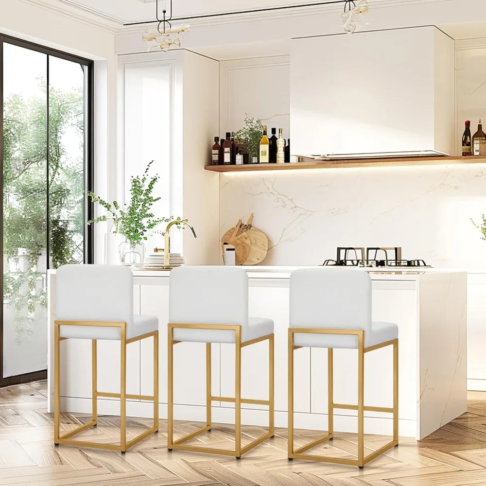 Bar Stools Set of 3 - Counter Height Bar Stool Leather Stools for Kitchen Counter, White and Gold Bar Stools with Back
