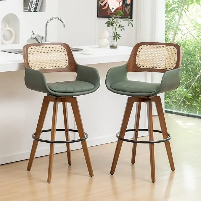 Counter Stools Rattan Swivel Counter Height Bar Stools with Cane Back, Upholstered Seat, Faux Leather Upholstered Furniture