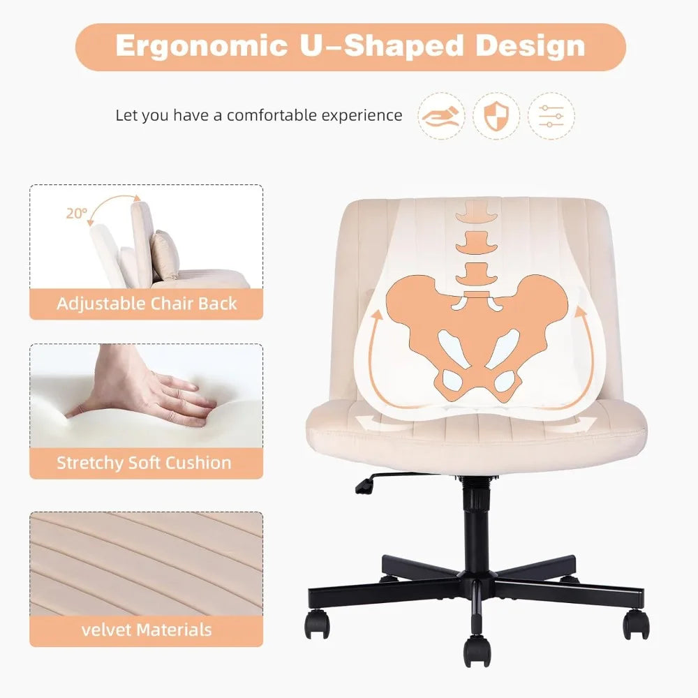 Criss Cross Chair, Office Chair Cross Legged with Wheels, Armless Office Chair, Velvet Desk Chairs with Wheels for Home Office,