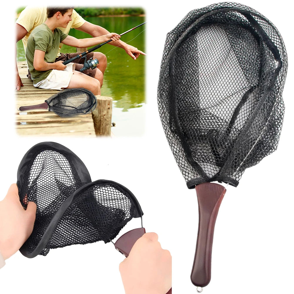 Folding Fishing Landing Net Wooden Handle Fly Fishing Net Catch and Release Net for Trout Bass Pike Fishing Tools