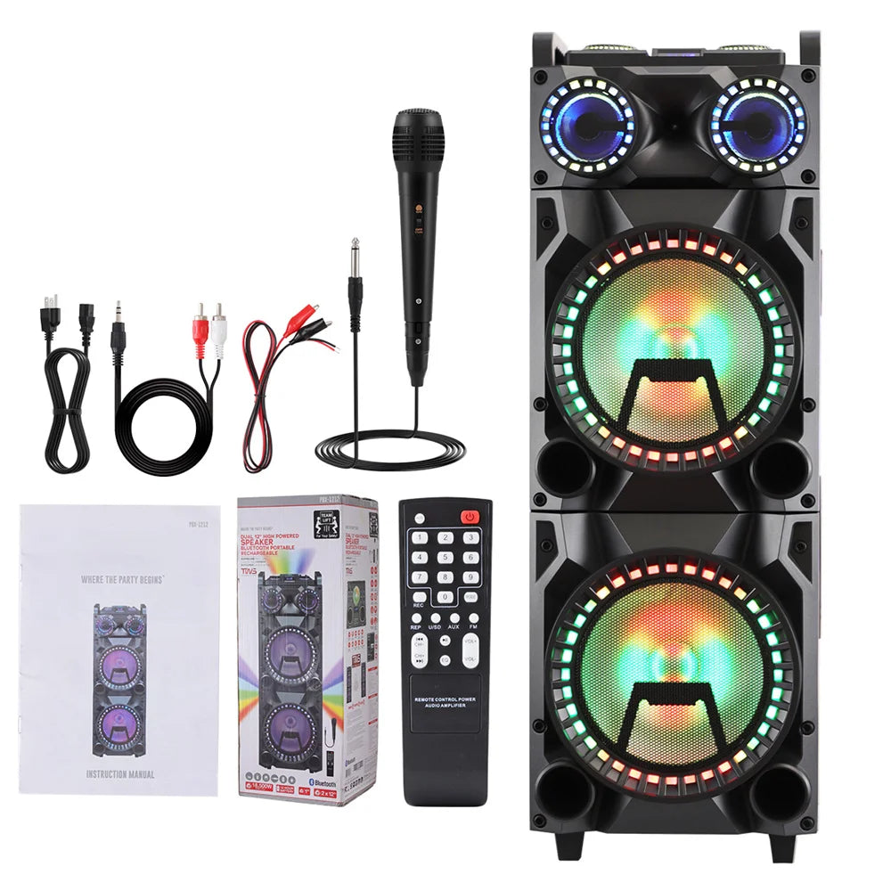 9500W Portable Bluetooth Party Speaker Karaoke Sound System Heavy Bass Rechargeable Dual 12 Inche Subwoofer Led Light with Mic