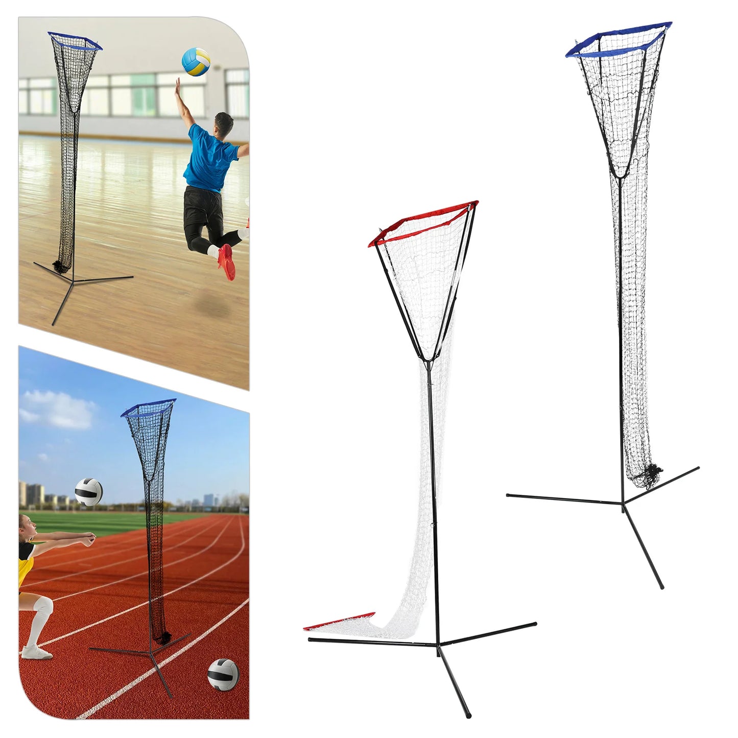 Volleyball Training Iron Net Frame,Black+Blue/Red Free Standing Volleyball Practice Net Adjustable Height and Angle for Patios