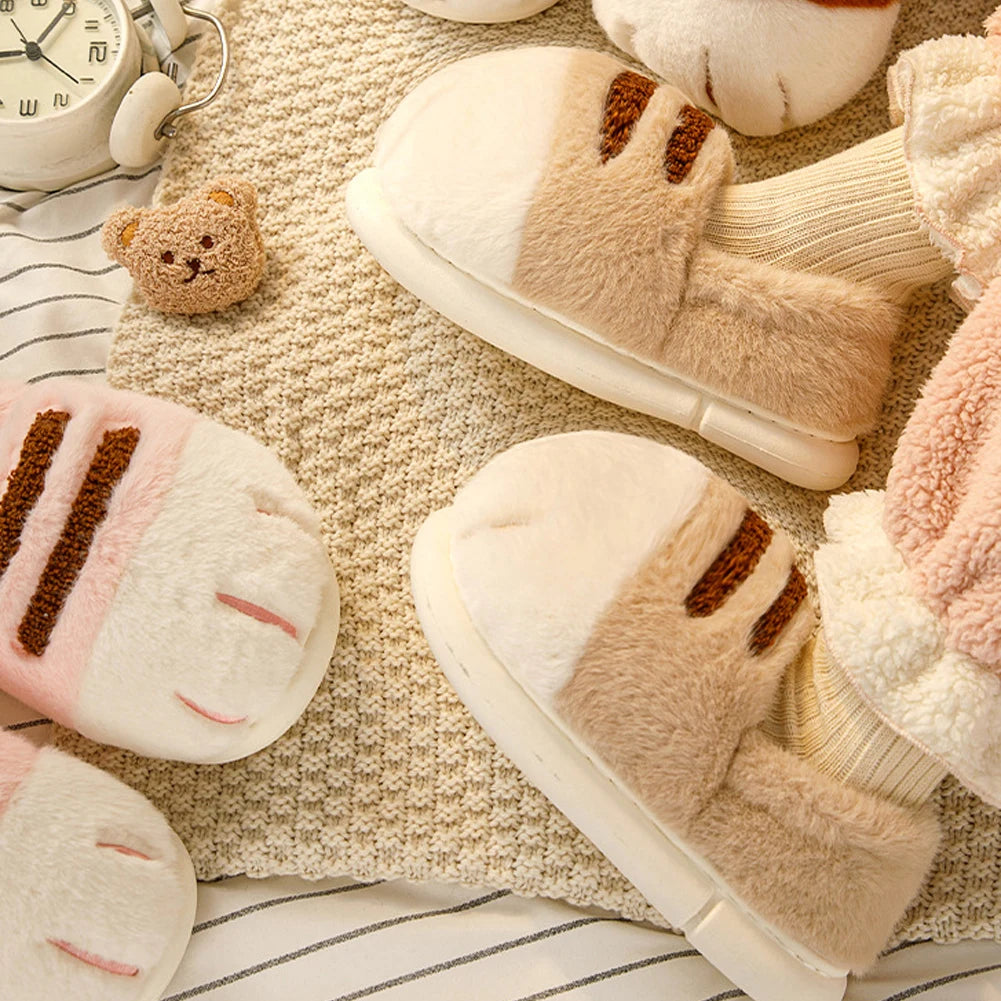 3D Cat Paw Plush Slippers Warm Slip-on House Shoes Comfortable Flat Thermal Slippers Furry Paw Couple Slippers for Autumn Winter