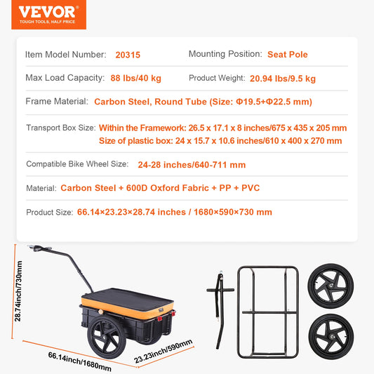 SucceBuy 88Lbs Bike Cargo Trailer Bicycle Wagon Cart Foldable Storage with 16" Wheels & Safe Reflectors Fits 24"-28" Bike Wheels