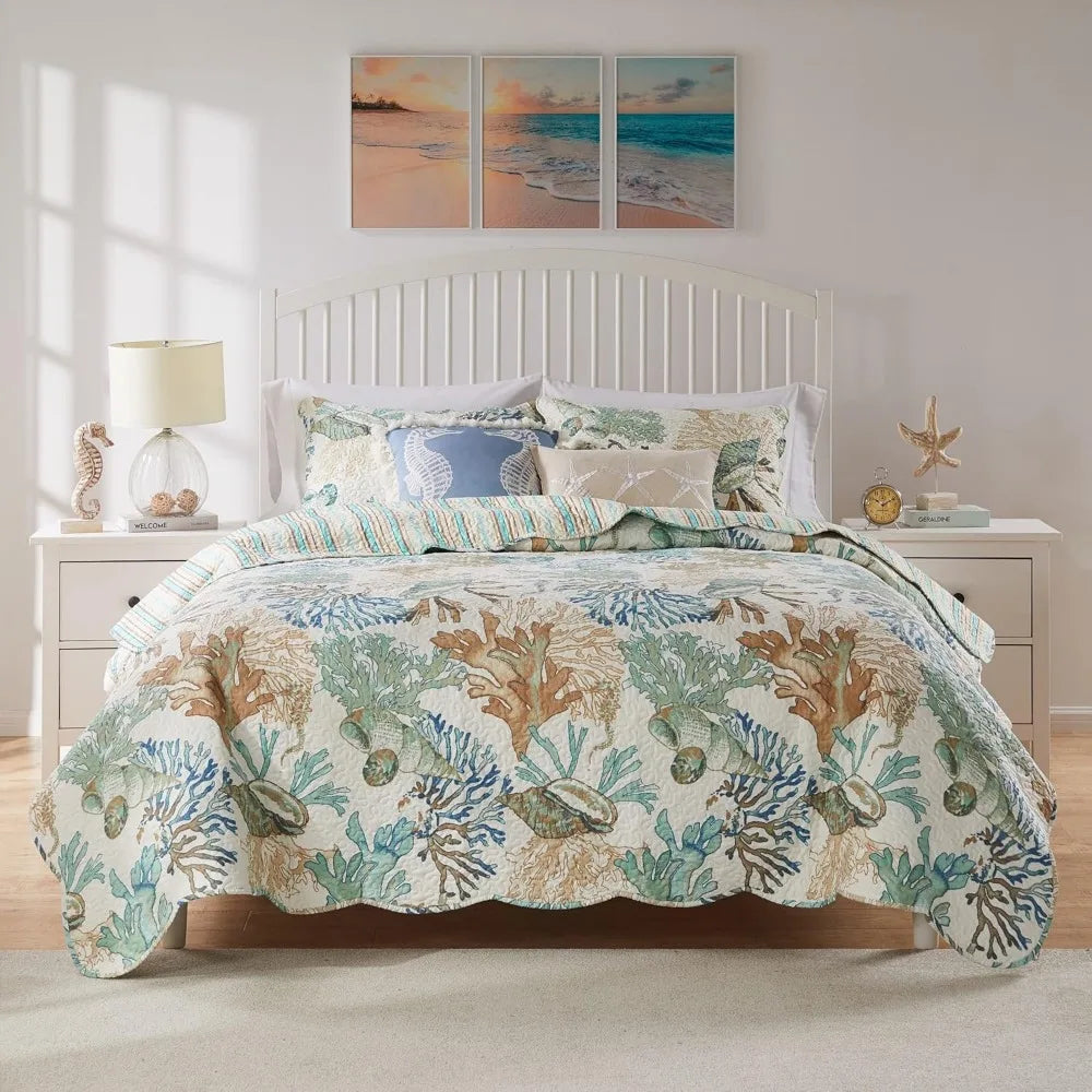 Coastal Sea Coral Pattern Reversible Quilt Set, 4-Piece, Twin/XL Size, Jade Green, Oversized Comfort