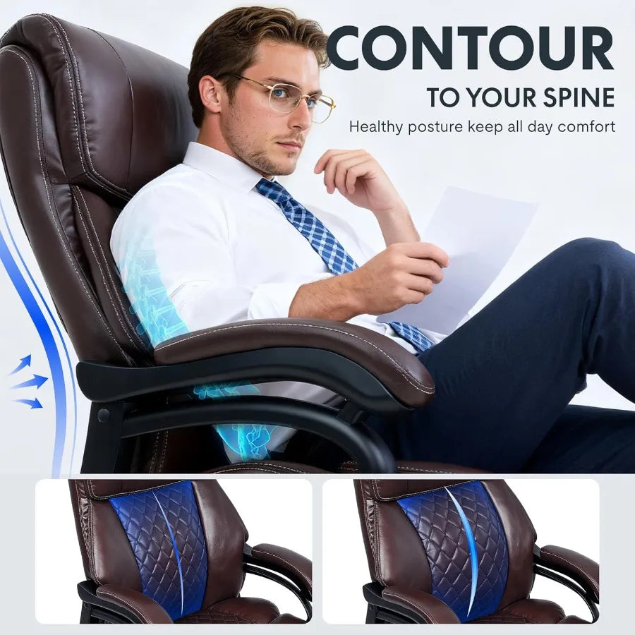 500LBS Big and Tall Office Chair Leather Brown Wide Big Seat Cushion High Back Ergonomic Chair with Adjustable Lumbar Support C