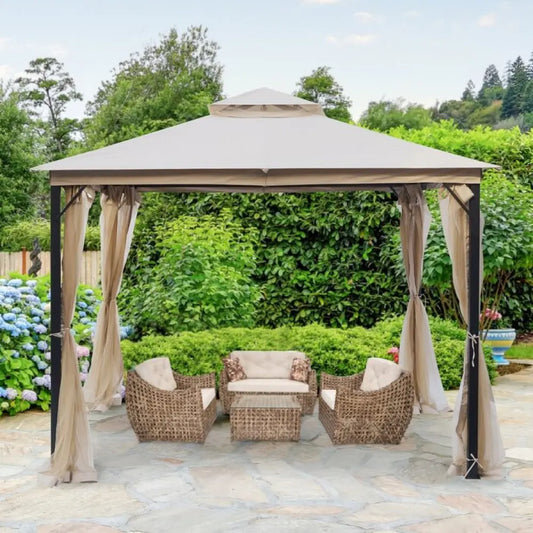 10X10FT Softtop Metal Gazebo with Mosquito Net,Sturdy Heavy Duty Double Roof Canopy,Galvanized Steel Design Outdoor Tent