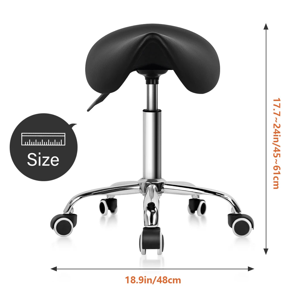 KKTONER Rolling Saddle Stool PU Leather Swivel Adjustable Rolling Stool with Wheels Salon Chair Black