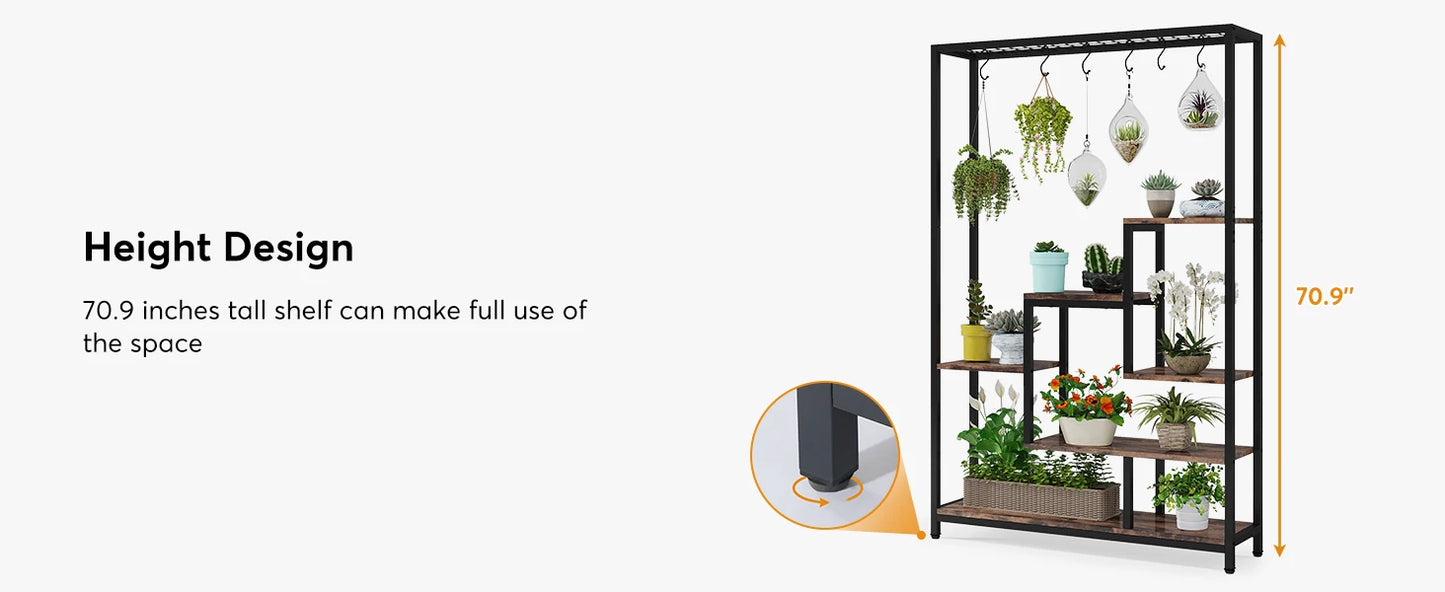 5-Tier Tall Indoor Plant Stand, 70.9 inches Large Metal Plant Shelf with 6PC S Hanging Hooks for Indoor, Garden