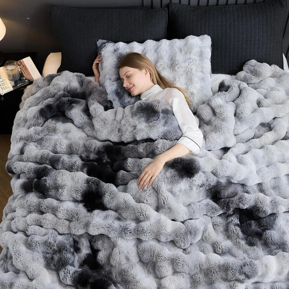 King Size Tie-Dye Grey Plush Rabbit Fur-Like Comforter Set, Fluffy and Warm Bedding