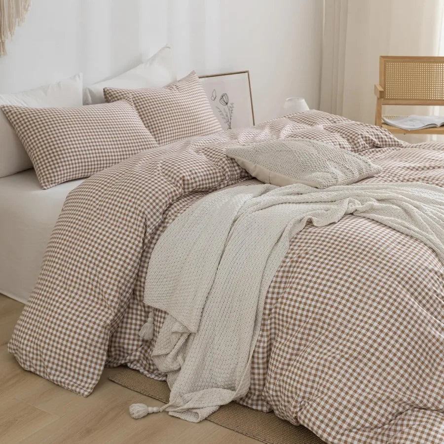 Tan Gingham Duvet Cover Bedding Set Prewashed Extra Soft Comfy Breathable 3 Piece Brown Plaid Checkered Grid Vintage Comforter
