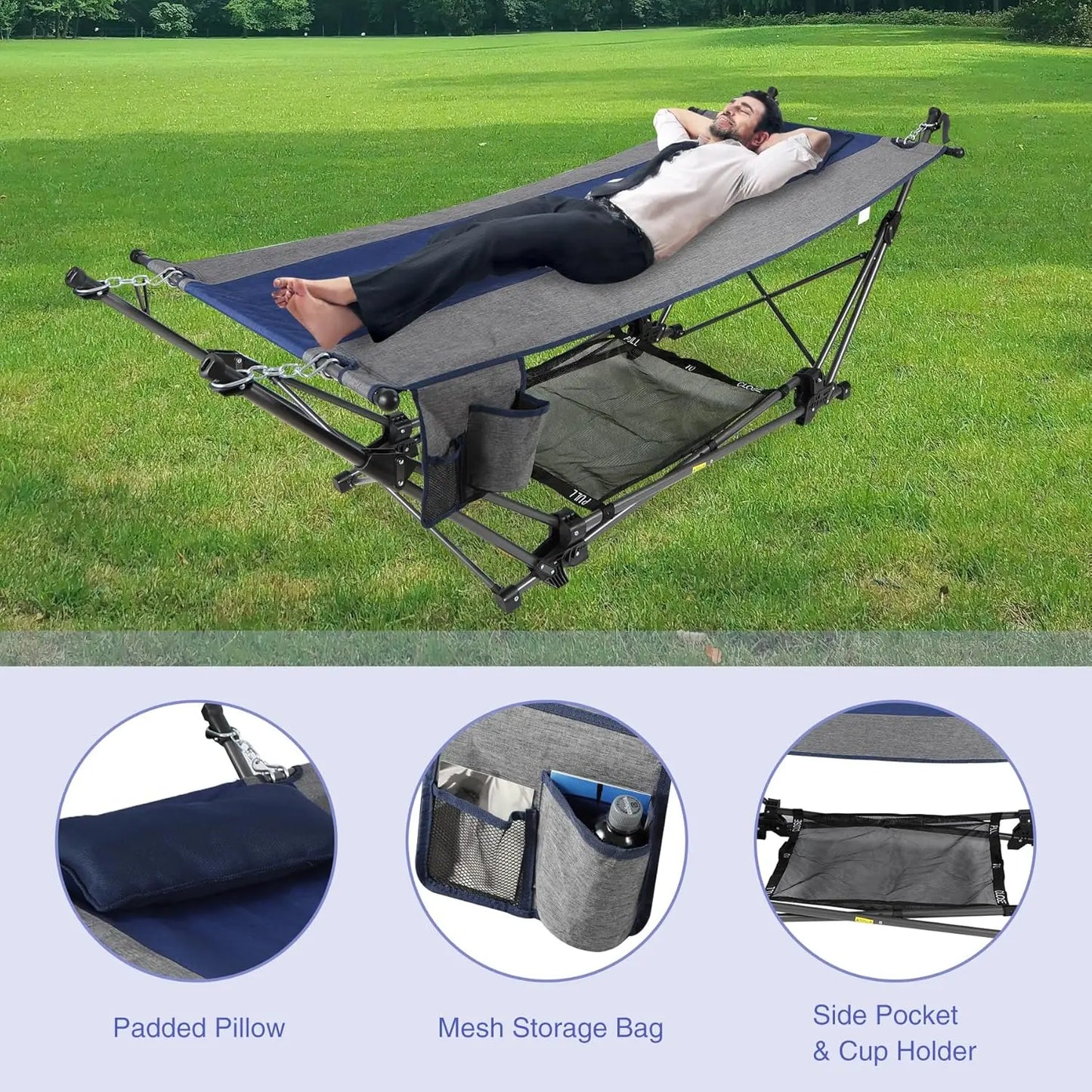 Portable Folding Hammock with Stand,Foldable Camping Hammock with Removable Pillow,Storage Net,Foldable Lounge