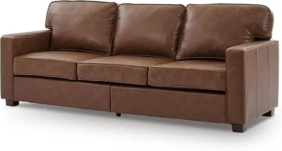 Mid-Century Modern 3-Seat Brown PU Faux Leather Sofa with Solid Wood Legs for Living Room, Bedroom, or Office