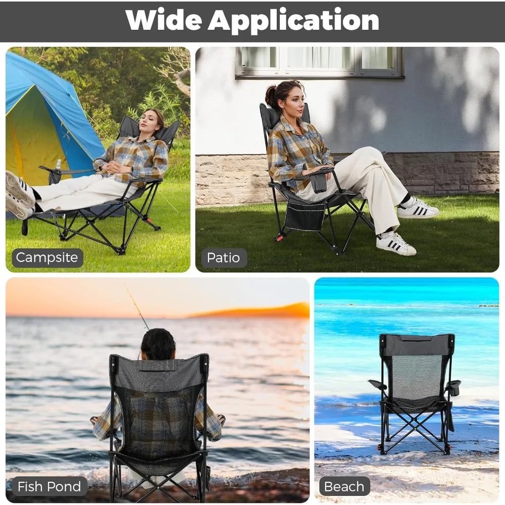 Camping Lounge Chair w/Detachable Footrest, Folding Beach Chair w/4-position Backrest, Carrying Bag, Removable Pillow,Cup Holder