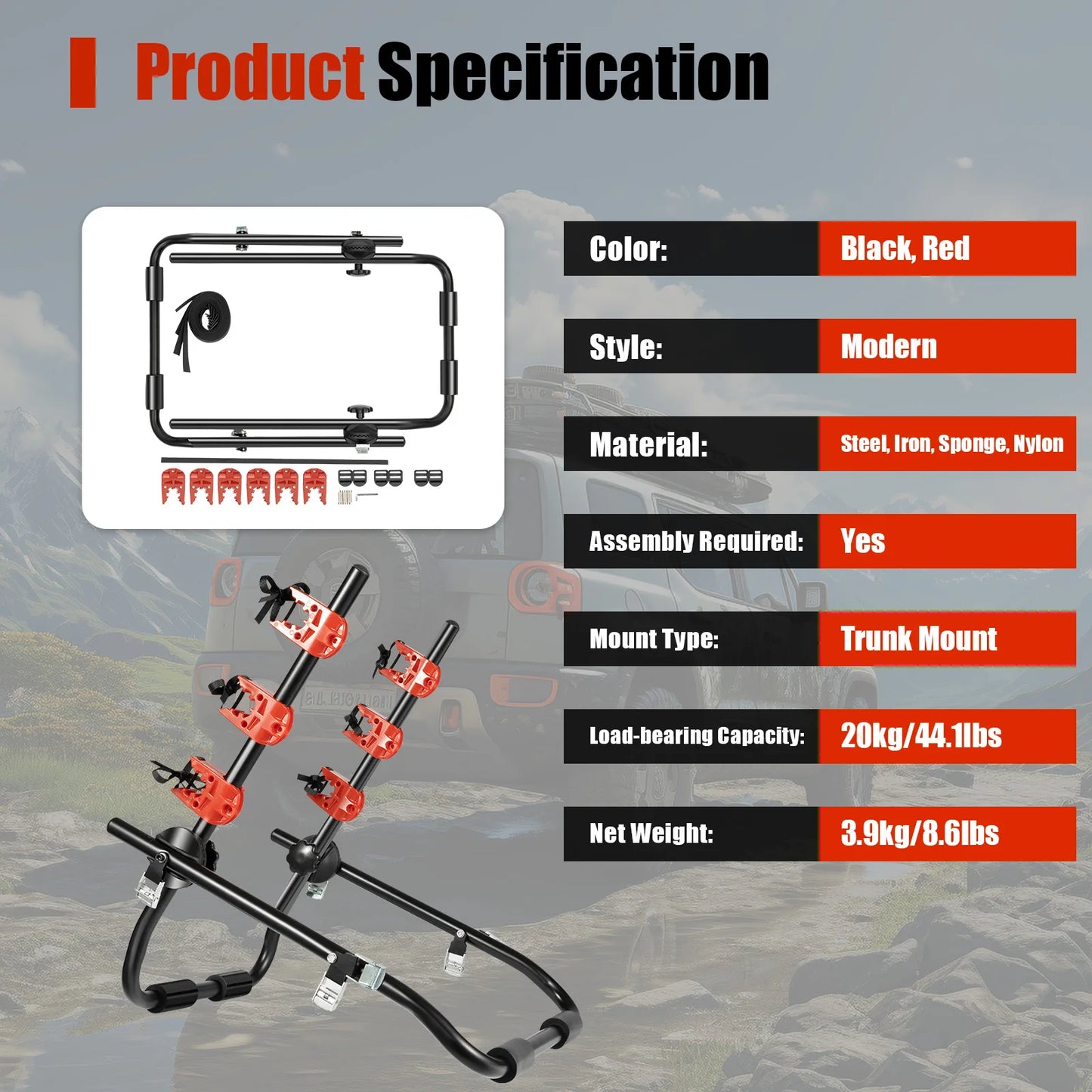 3-Bike Trunk Mount Rack Support 20Kg Load Heavy-Duty Car Rear Bike  Rack Compatible with Trunks, SUVs, Minivans.