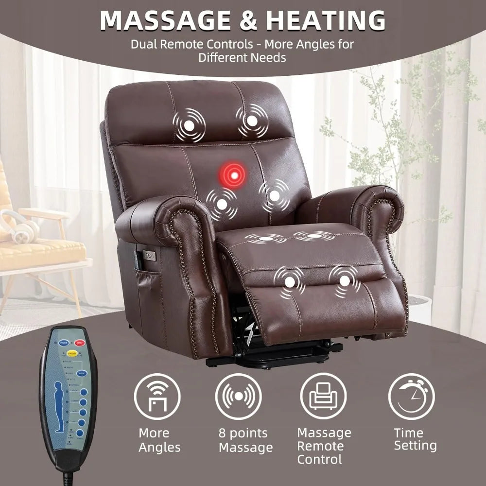 Genuine Leather Power Lift Recliner Chair for Elderly, with Massage and Heat, Electric Lift Recliner for Seniors, Side Po