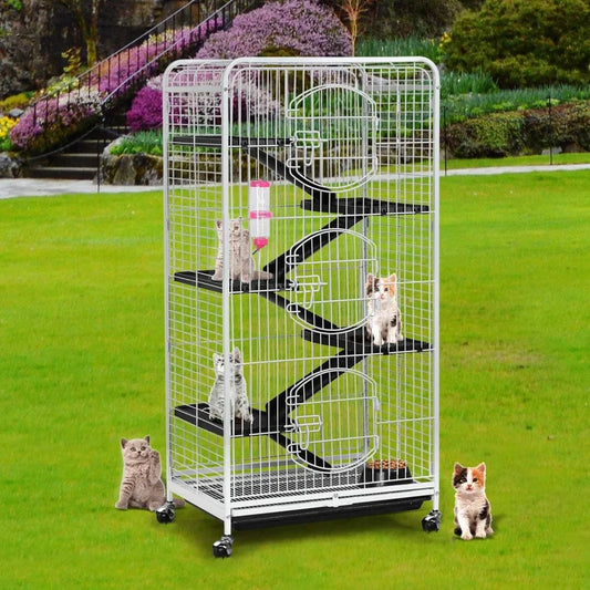 Large Rolling Cat Kitten Cage 6-Tier 52" Metal Kitten House for Ferret Chinchilla Rabbit Squirrels w/ 3 Front Doors