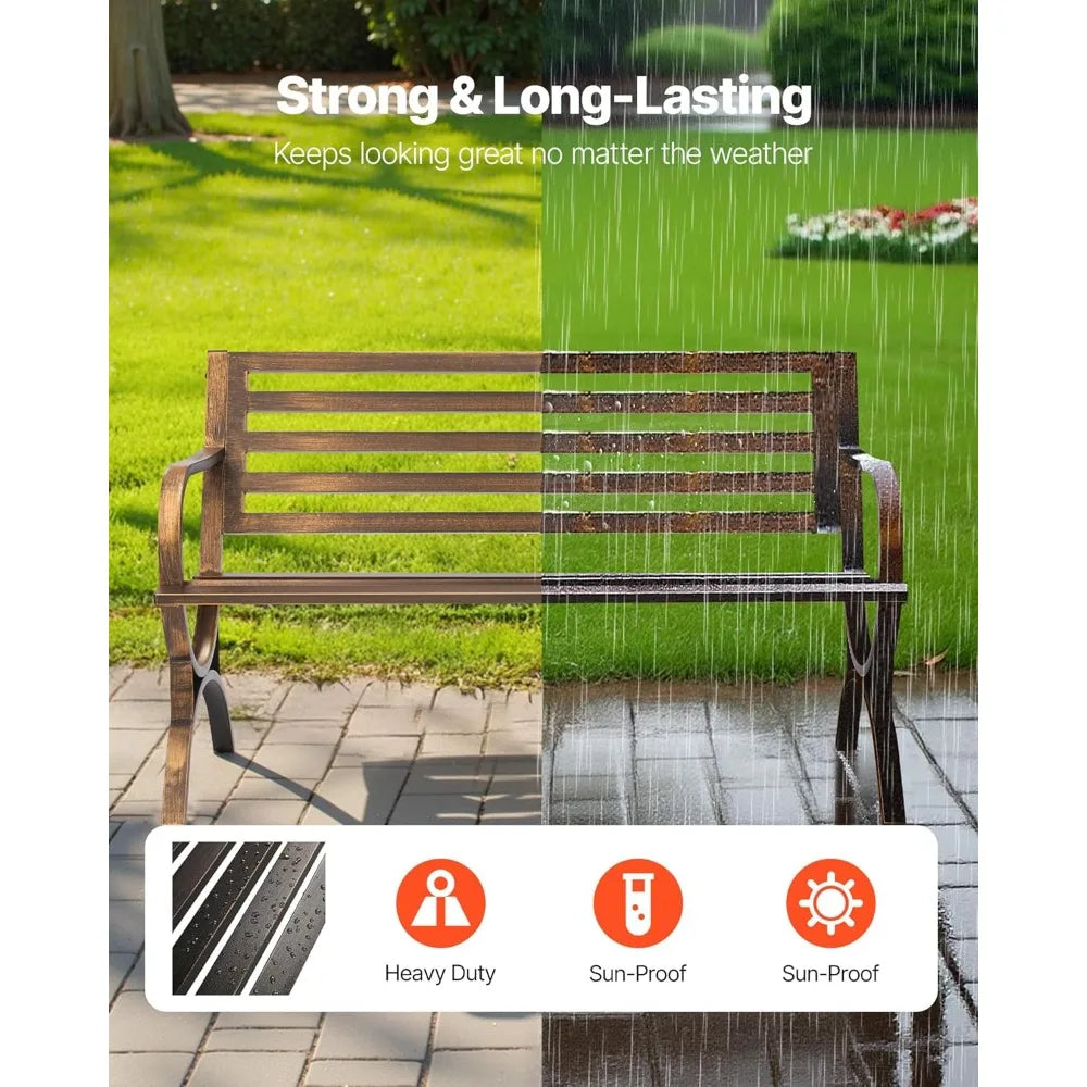 Outdoor Bench, 50 inch, Carbon Steel Metal Frame with Slatted Pattern Backrest and Round Edge Armrests, Weatherproof Outside Be