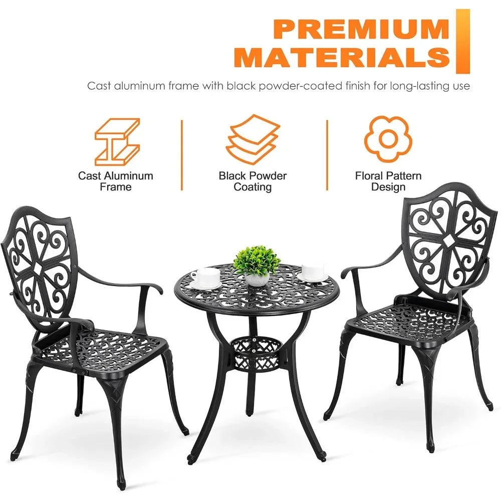 3 Piece Outdoor, Cast Aluminum Patio Bistro Sets with Umbrella Hole, Bistro Table and Chairs Set of 2 for Patio Backyard