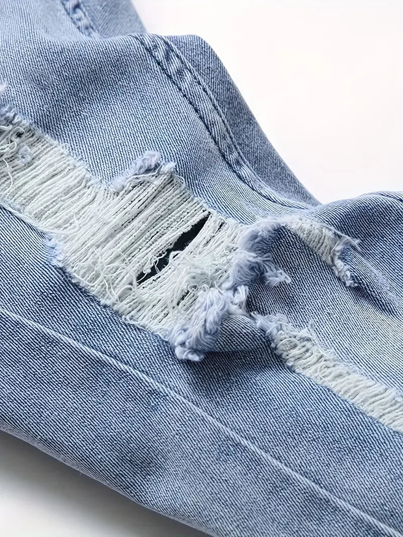 Men's Slim Fit Ripped Jeans, Casual Street Style with Medium Stretch Denim, Light Blue Distressed Design, Versatile for All Seas