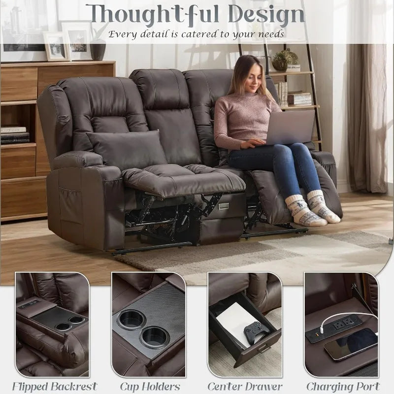 Loveseat Recliner Sofa with Flipped Backrest Console, RV Manual Reclining Loveseat Couch Home Theater Seating with Cup Hol