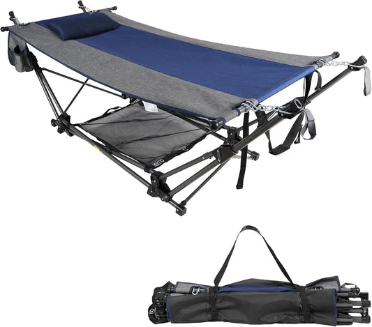 Portable Folding Hammock with Stand,Foldable Camping Hammock with Removable Pillow,Storage Net,Foldable Lounge