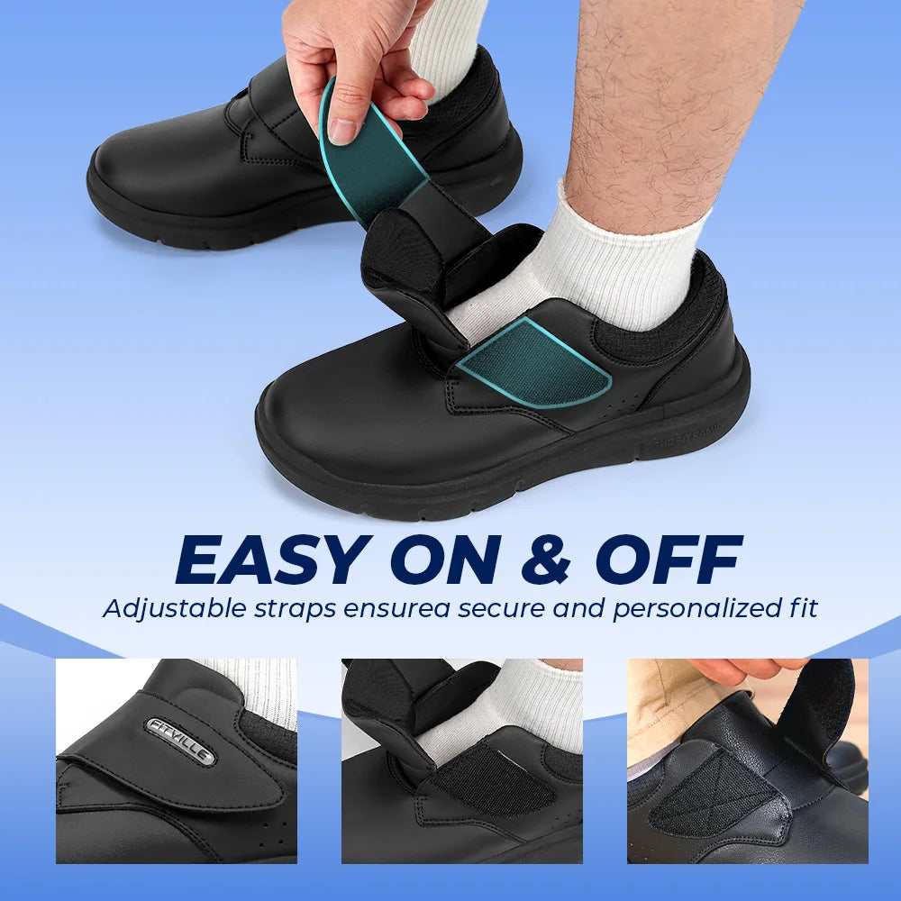 Extra Wide Men'S Diabetic Shoes Leather Walking Shoes For Elder Orthopedic Toes Swollen Feet Non-Slip With Arch Support