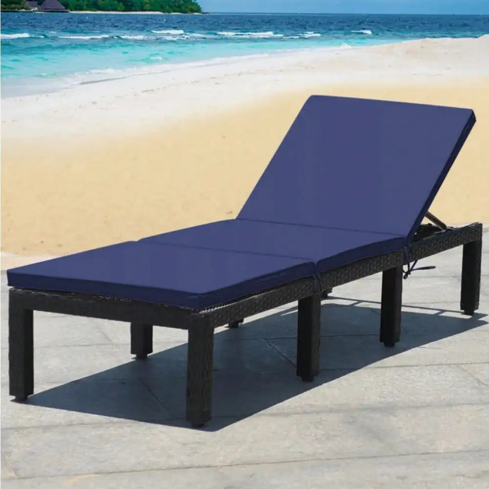 Patio Lounge Chair Rattan Chaise w/ Adjustable Navy & White Cushioned