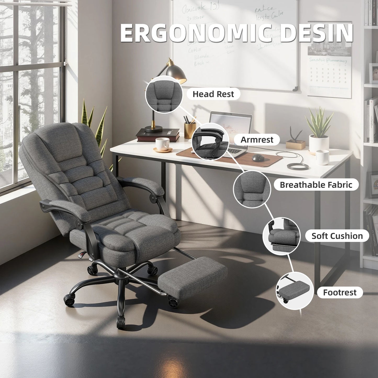 Ergonomic Executive Office Chair - High Back Chair with Headrest & Lumbar Support, Premium Home Office Chair - Adjustable Height