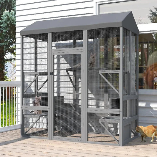 Outdoor Cat Enclosure, Large Cat House for Mulitiple Cats Walk in Cat Cage with Waterproof Cover and Sunshine Panel Roof, Feral