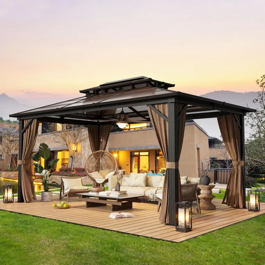 10'x13' Hardtop Gazebo, Outdoor Polycarbonate Double Roof Canopy, Aluminum Frame Permanent Pavilion, Sunshade