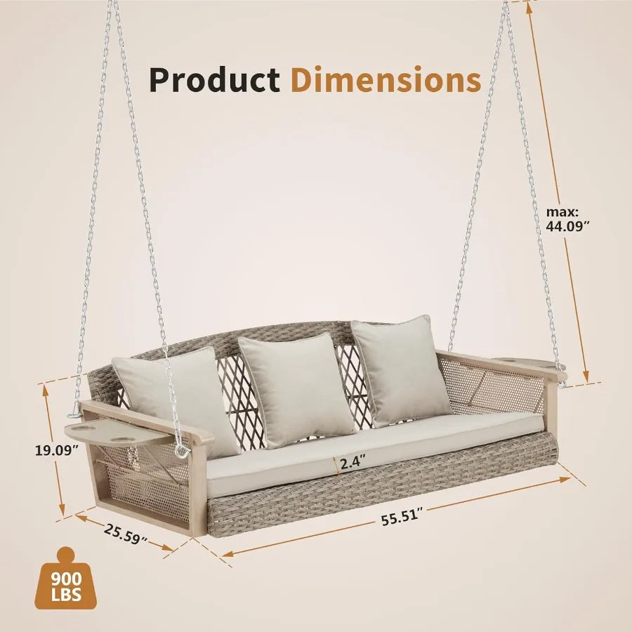 3Person Wicker Porch Swing with Upgraded Cup Holder 55 Inch Patio Hanging Swing Bench Chair with Cushions 900lbs Capacity Chain