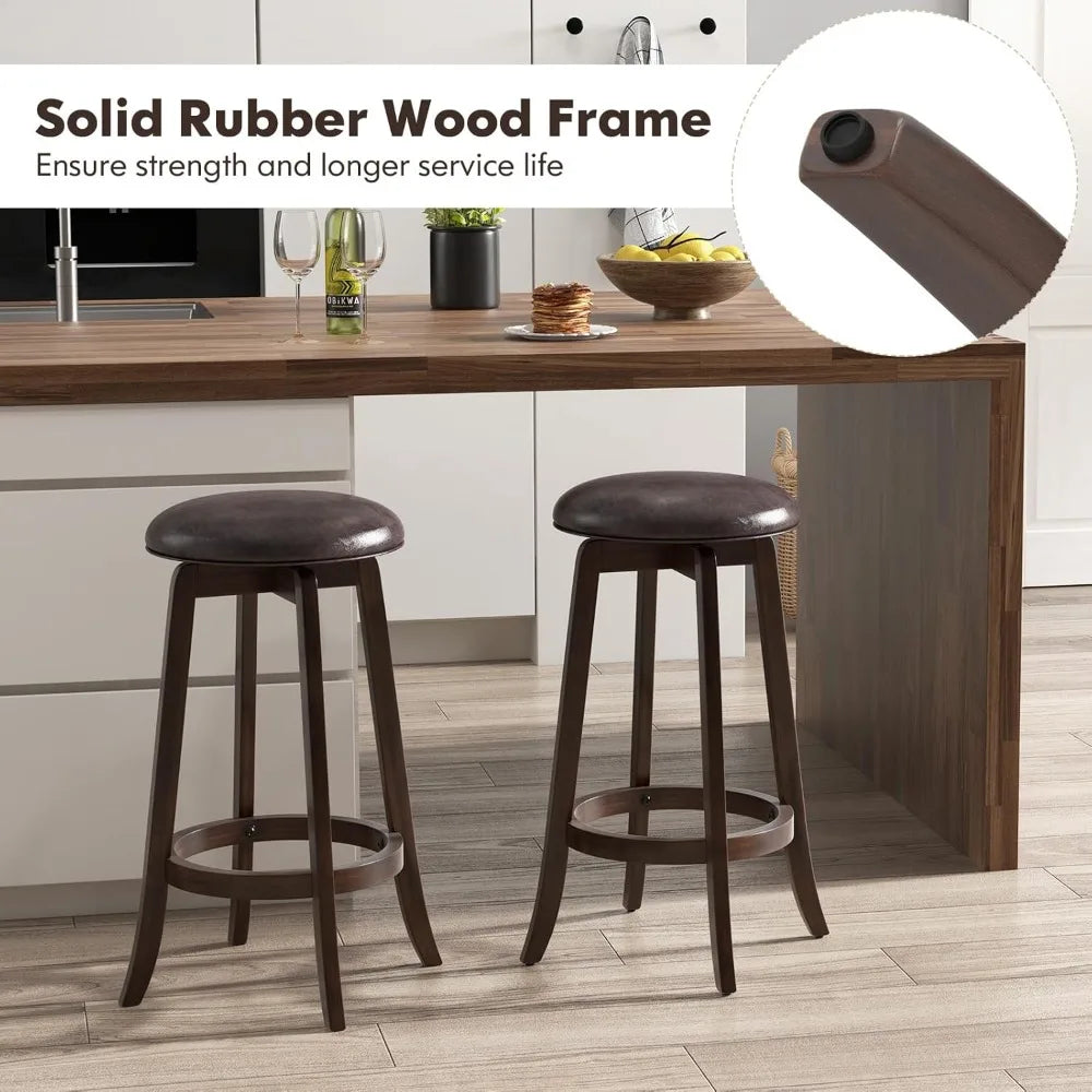 Bar Stools Set of 2, 29" Bar Height Bar Stools w/ 360° Swivel Round Seat & Footrest, Rubber Wood Frame, Upholstered PU L