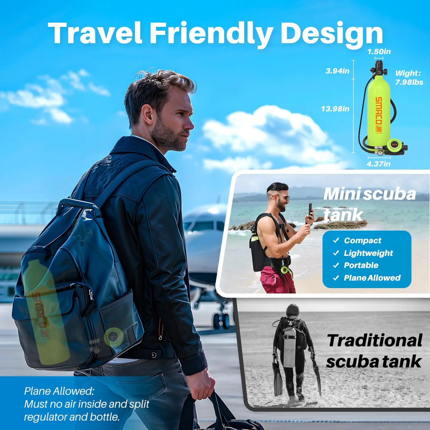 SMACO Portable Mini Scuba Tank and Lung Tank System, 1.9L Diving Gear with 3000 PSI, Up to 10 Minutes Dive Time