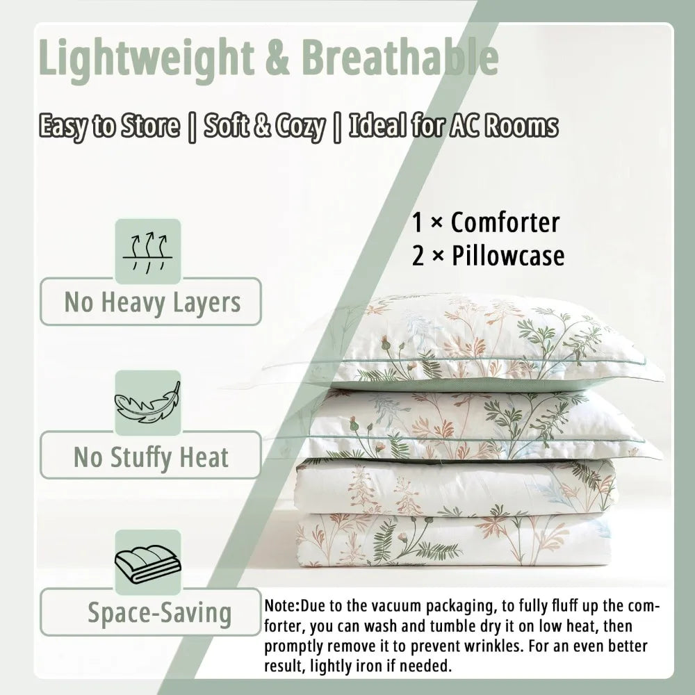 3pcs Botanical Comforter Sets Queen Size-Green Comforter with Luxurious Tan & Gray Leaves on White, Reversible