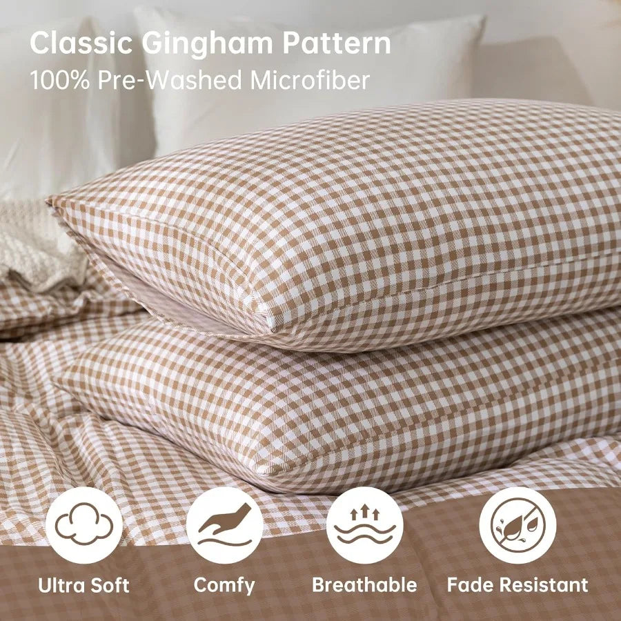 Tan Gingham Duvet Cover Bedding Set Prewashed Extra Soft Comfy Breathable 3 Piece Brown Plaid Checkered Grid Vintage Comforter