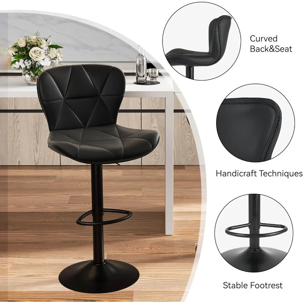 Modern Adjustable Bar Stools Set of 2 Faux Leather Swivel Chairs Counter Height with Upholstered Back for Kitchen Island
