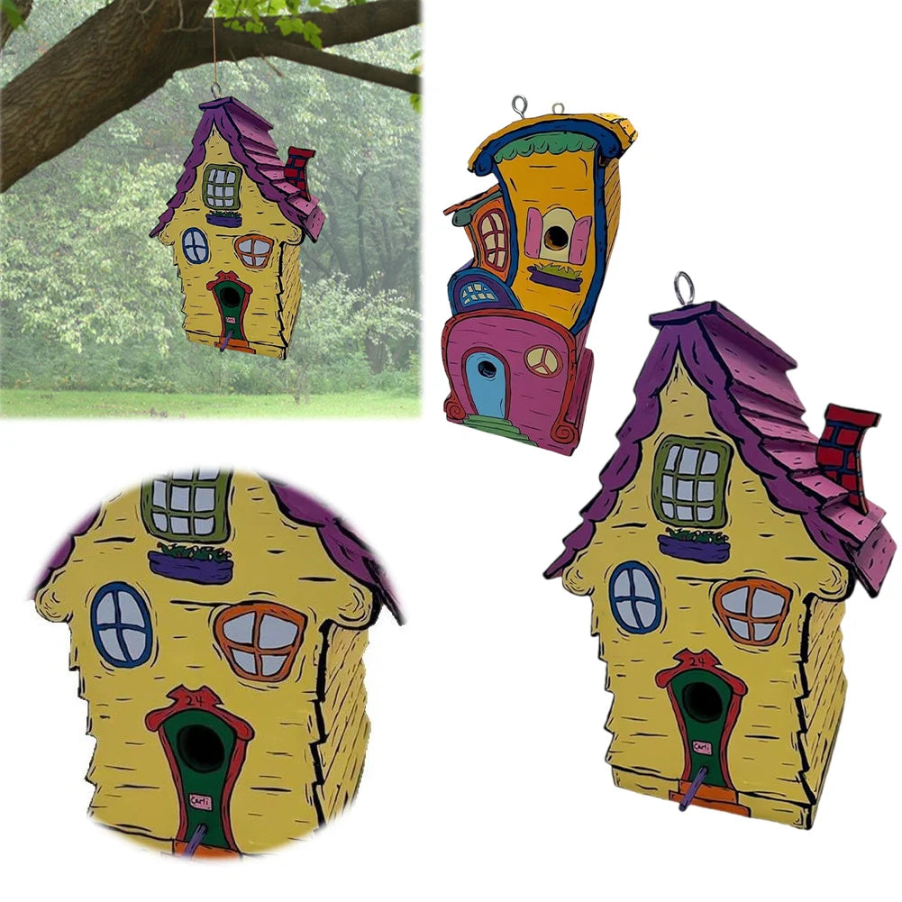 Cartoon Paint Bird Nest with Perch Handmade Bird House Cute Small Nesting Box Warm Bird Resting Place for Home Garden Decor