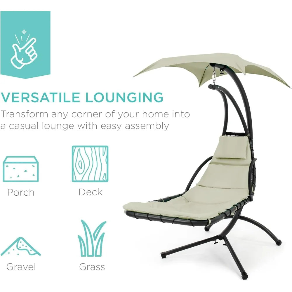 Curved Outdoor Steel Swing Lounge Chair with Pillow and Detachable Canopy in Sage