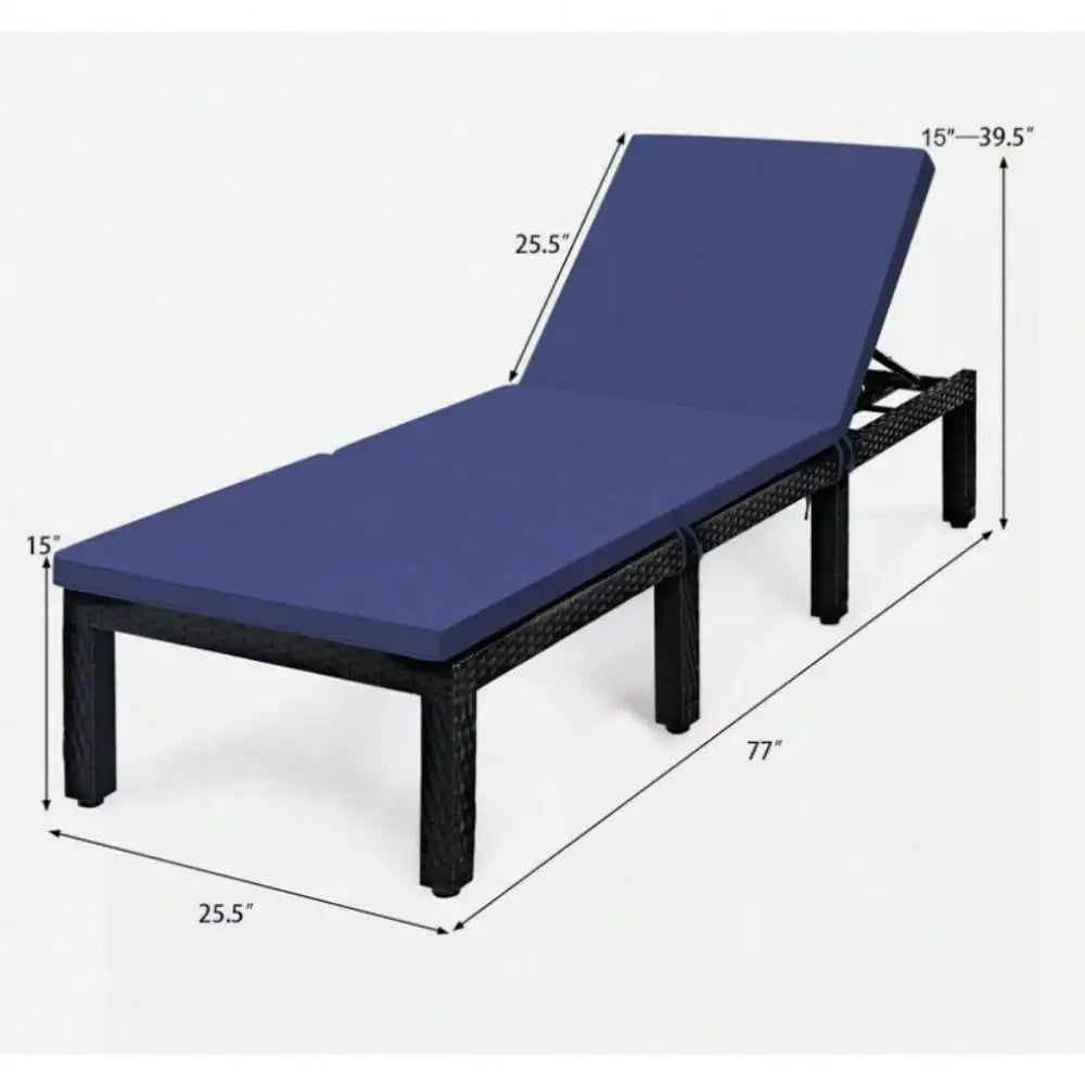 Patio Lounge Chair Rattan Chaise w/ Adjustable Navy & White Cushioned