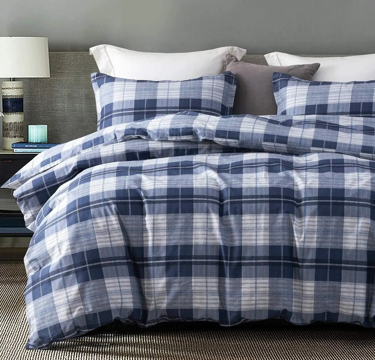 SLEEPBELLA Comforter 600 Thread Count Cotton Navy Blue & Grey Buffalo Pattern Blue Plaid Comforter Sets,Down Alternative Bedding